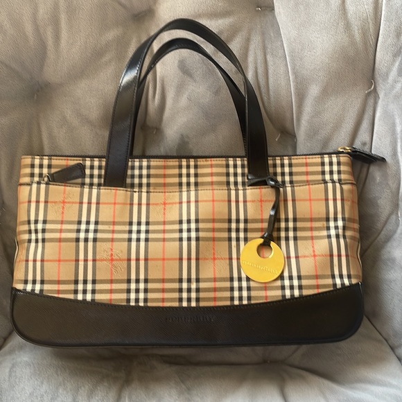 AUTHENTIC BURBERRY Burberry Check Hand Bag Purse Canvas w/black Leather - Picture 3 of 12